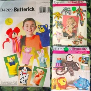 Bundle 3 Sewing Patterns Yo Yo Toys, Hand Puppet, Fleece Animals 2441 B4209 2394